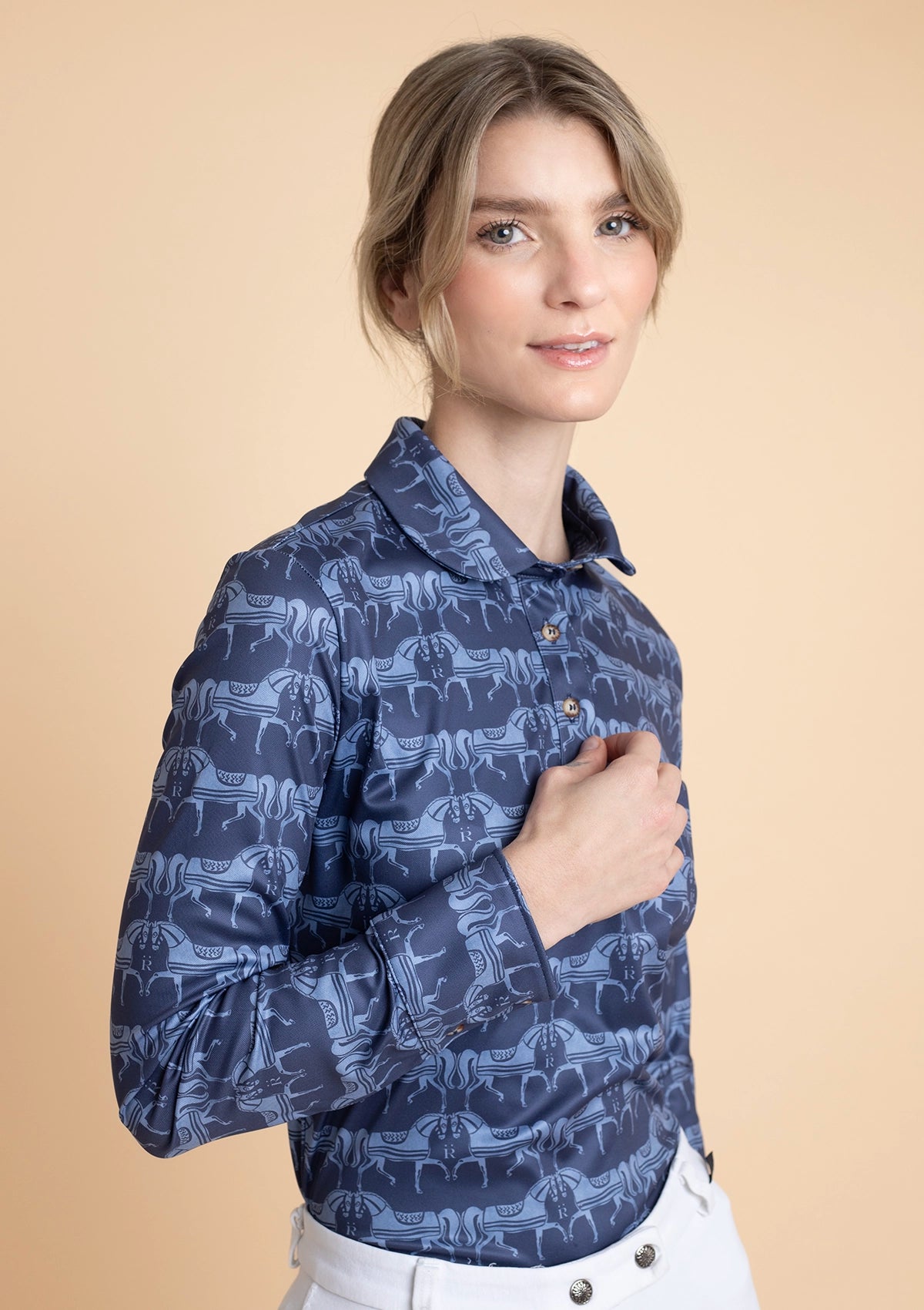 Noelia Classic Polo-Shirt Long Sleeve Steed Print | Sapphire