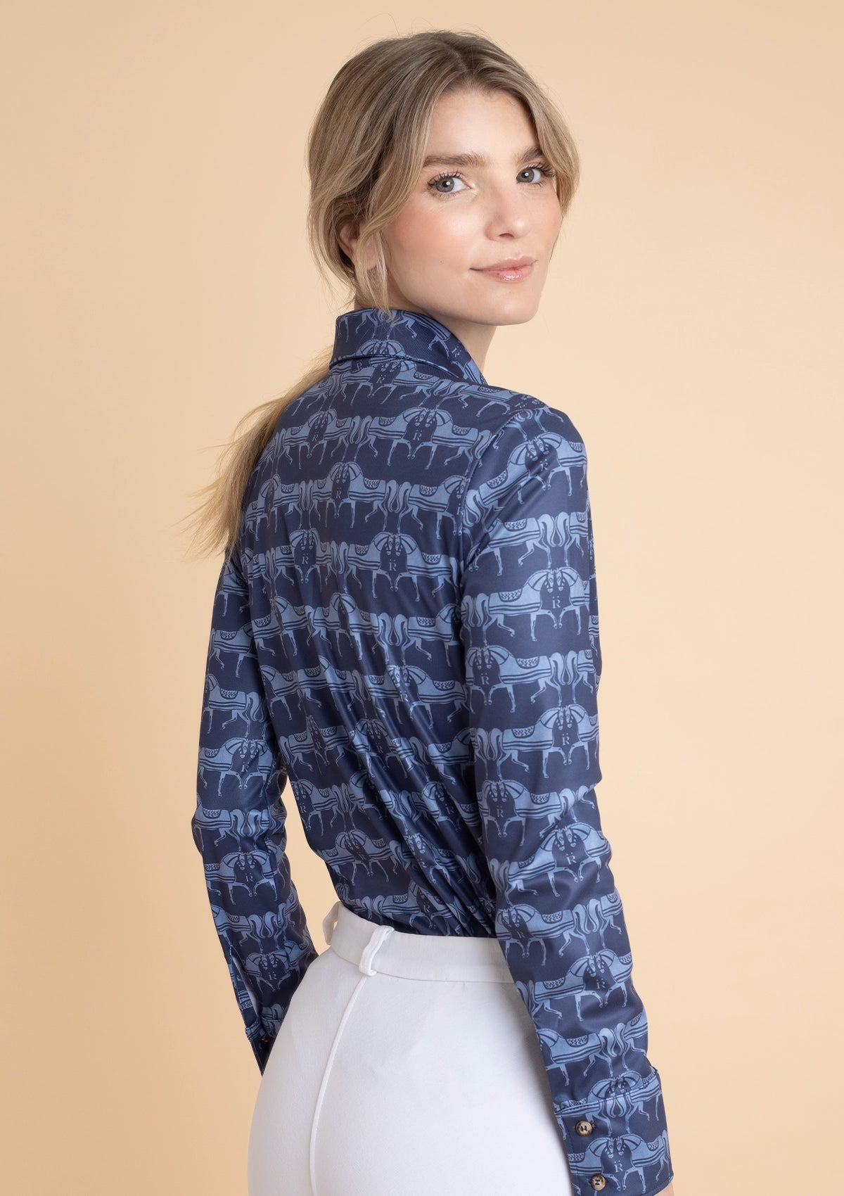 Noelia Classic Polo-Shirt Long Sleeve Steed Print | Sapphire