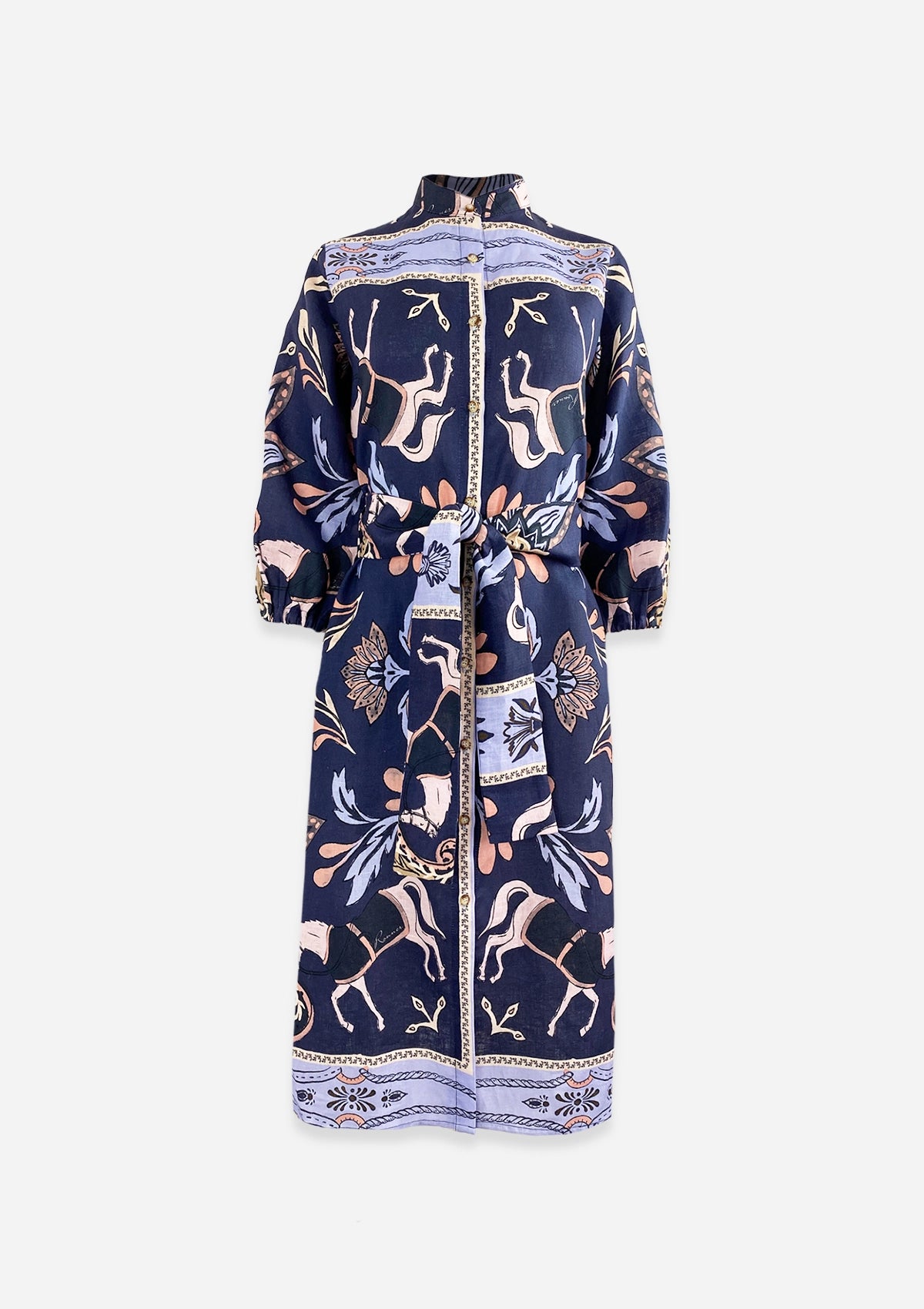 Penelope Linen Midi Dress | Lilyrose Print | Navy