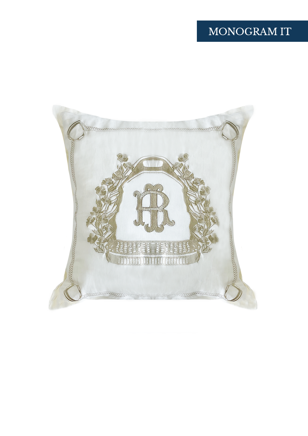 Embroidered Stirrup Linen Pillow | Beige