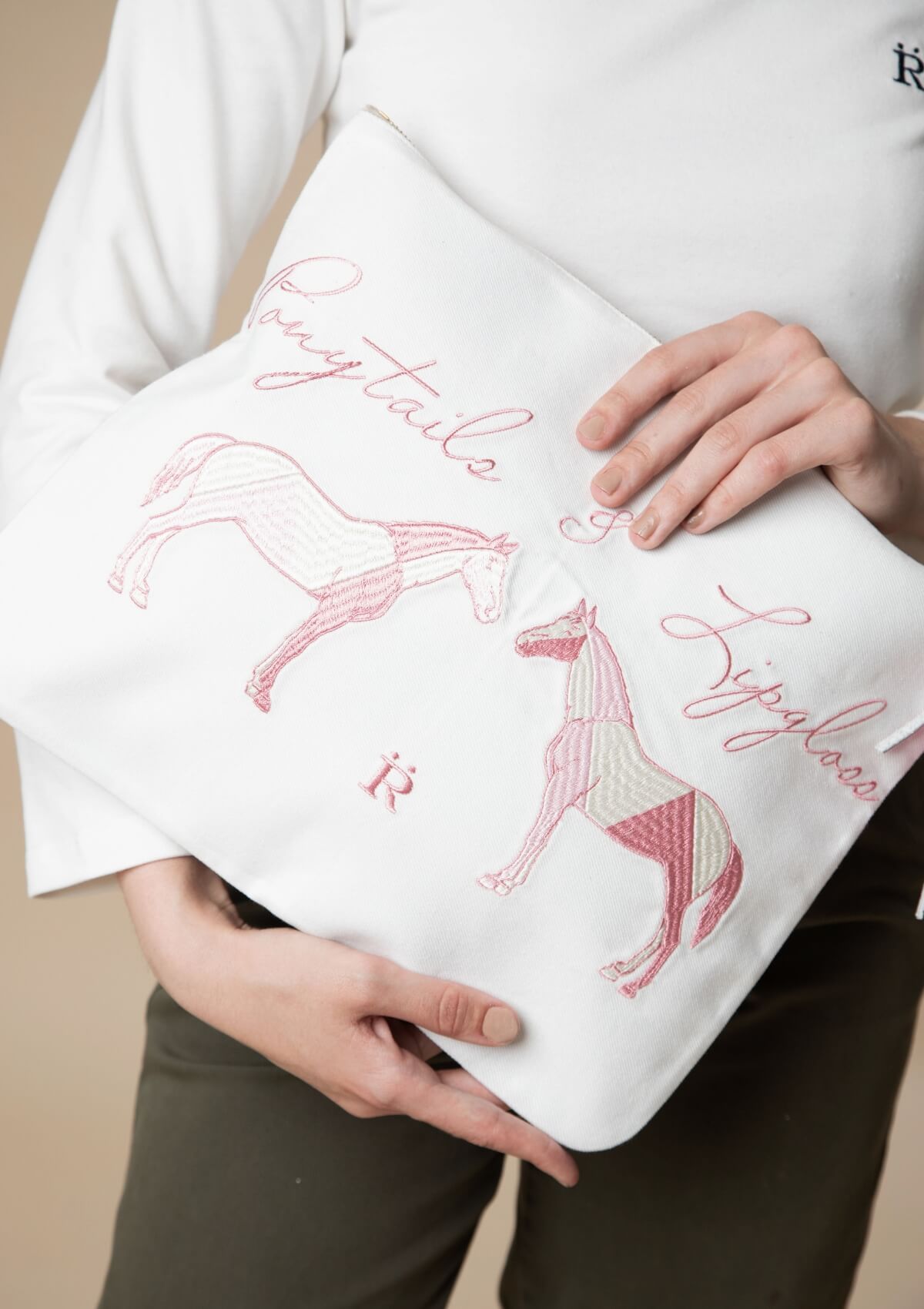 Ponytails Embroidered Pouch | Cream & Pink