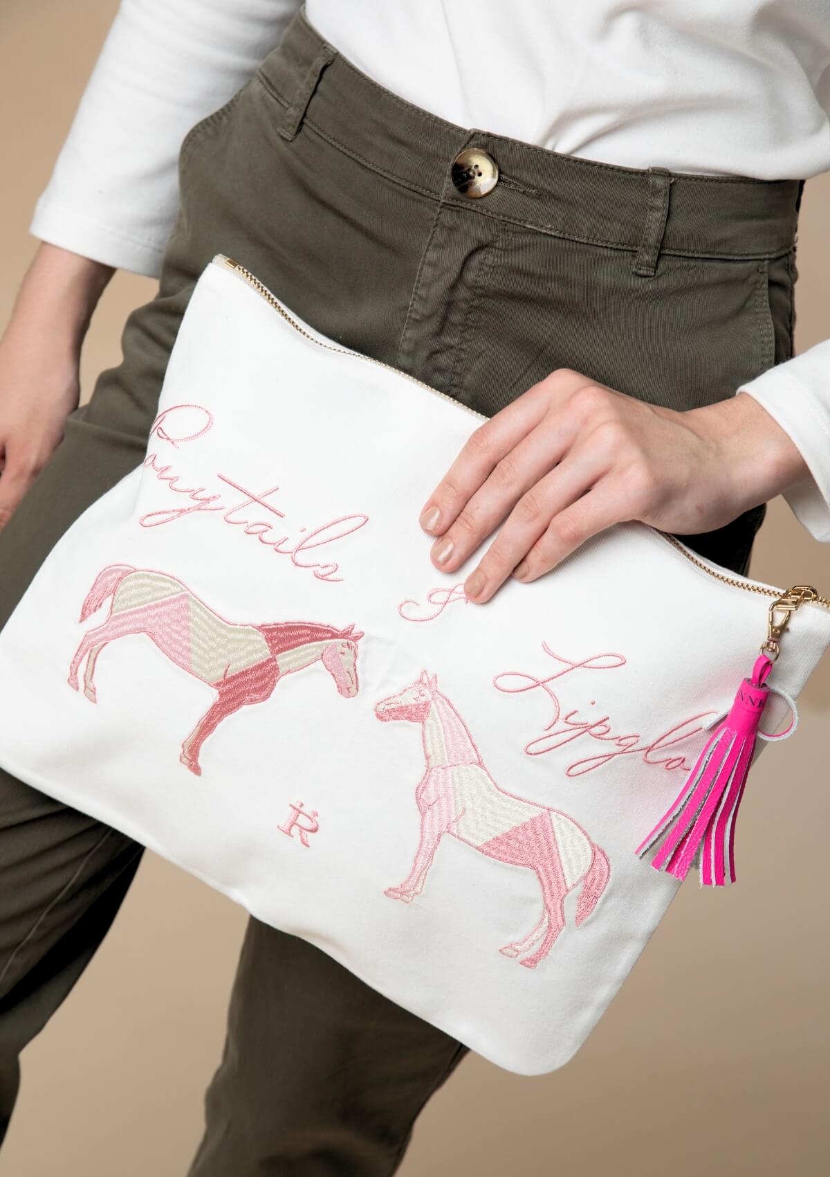 Ponytails Embroidered Pouch | Cream & Pink