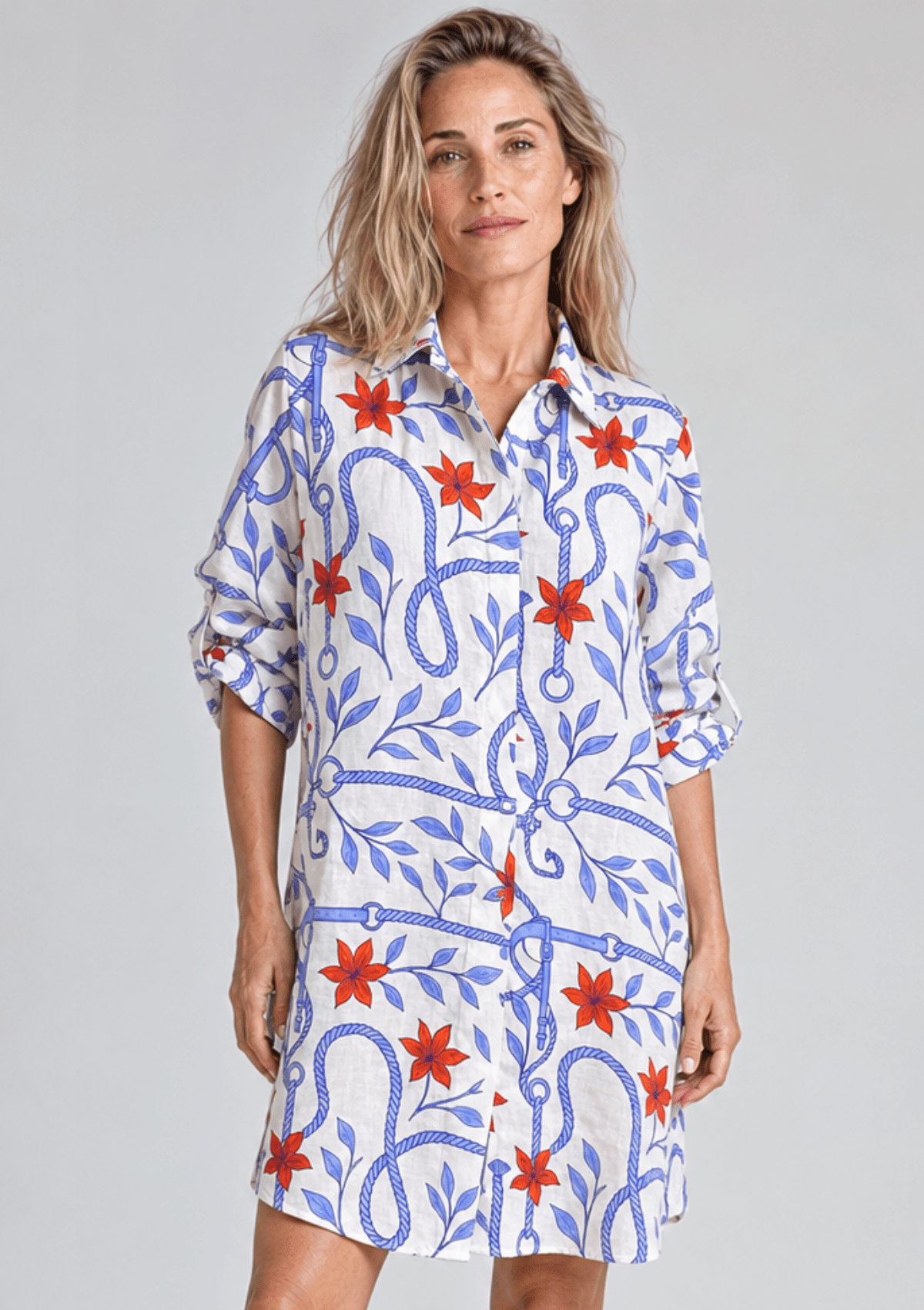 Seabreeze Oversized Linen Shirt | Regatta Print - Blue, white & red - RönnerBlouseXS