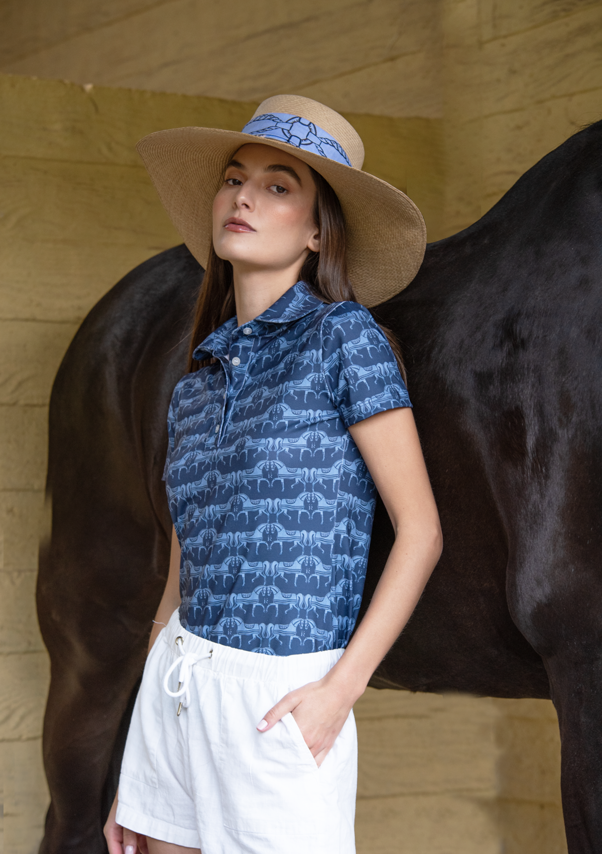 Noelia Classic Polo-Shirt Short Sleeve Steed Print | Sapphire - Rönner