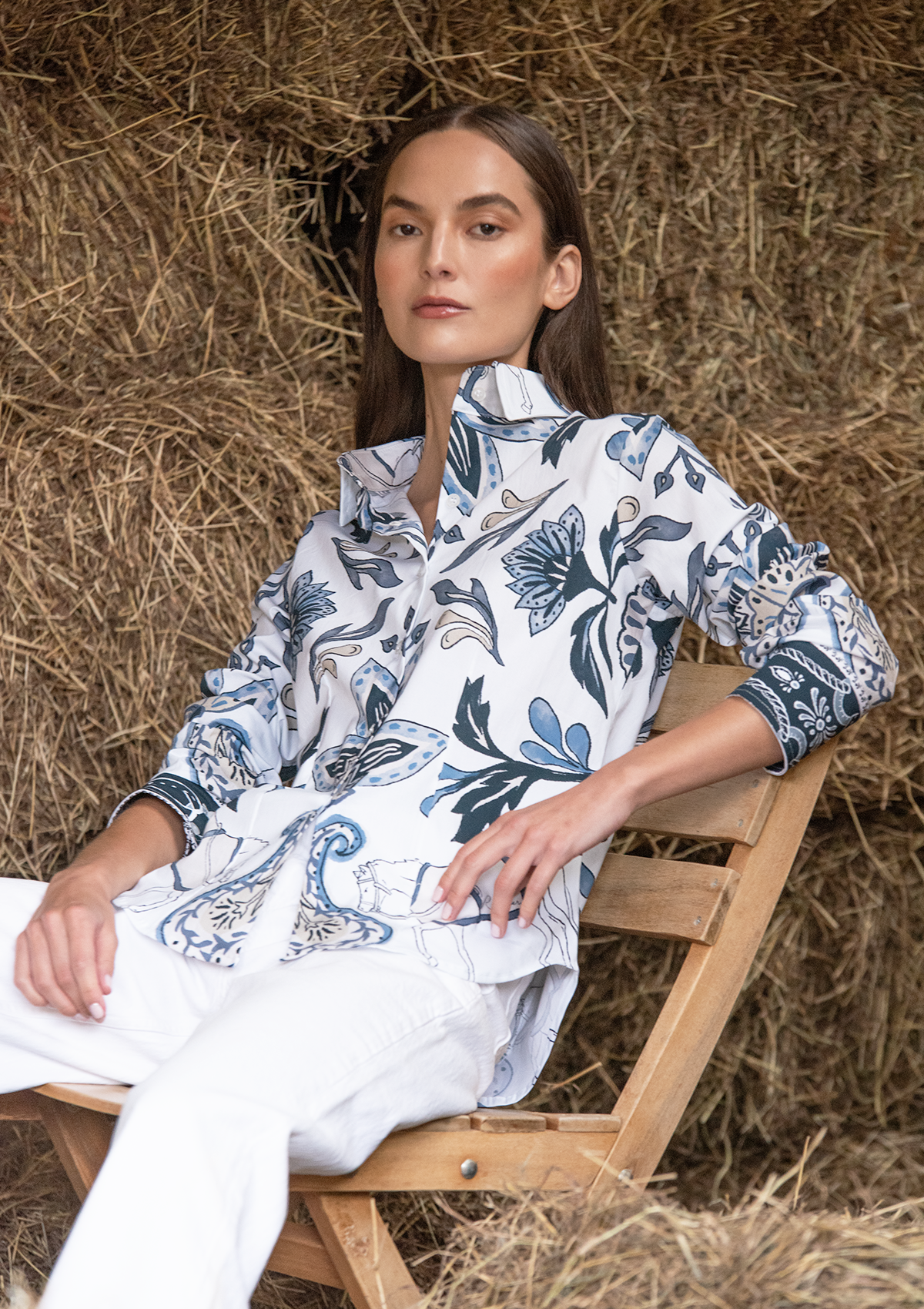 Luciana Cotton Shirt |  Lilyrose Print | White & Navy