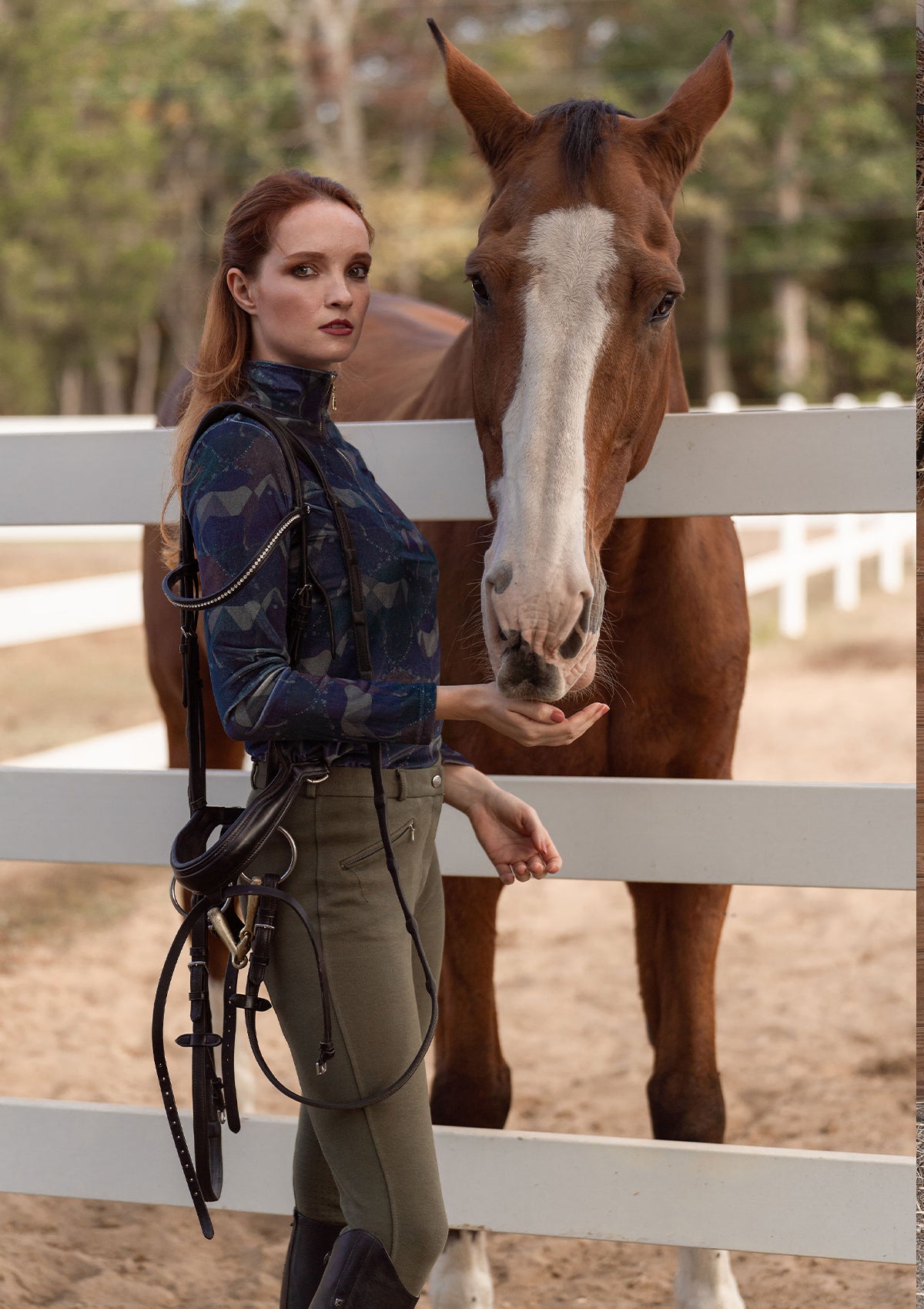 Velour Quarter-Zip Velvet Stretch | Long Sleeve | Geo Horses Blue Lagoon