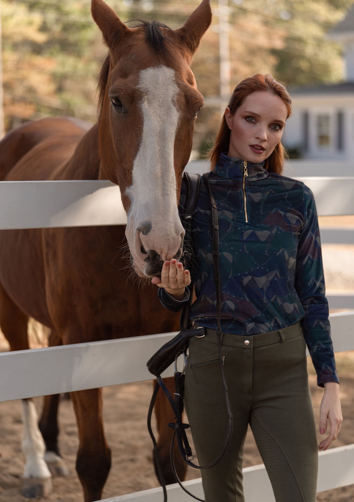 Velour Quarter-Zip Velvet Stretch | Long Sleeve | Geo Horses Blue Lagoon