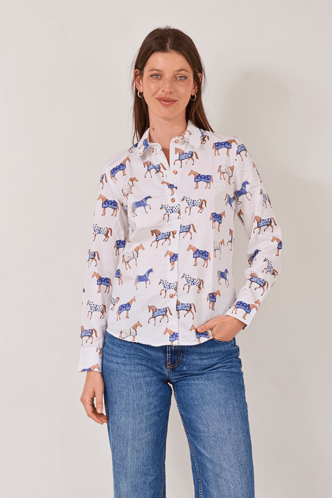 Wellington Cotton Shirt | Poise Print - RönnerWhite & Blue Horses