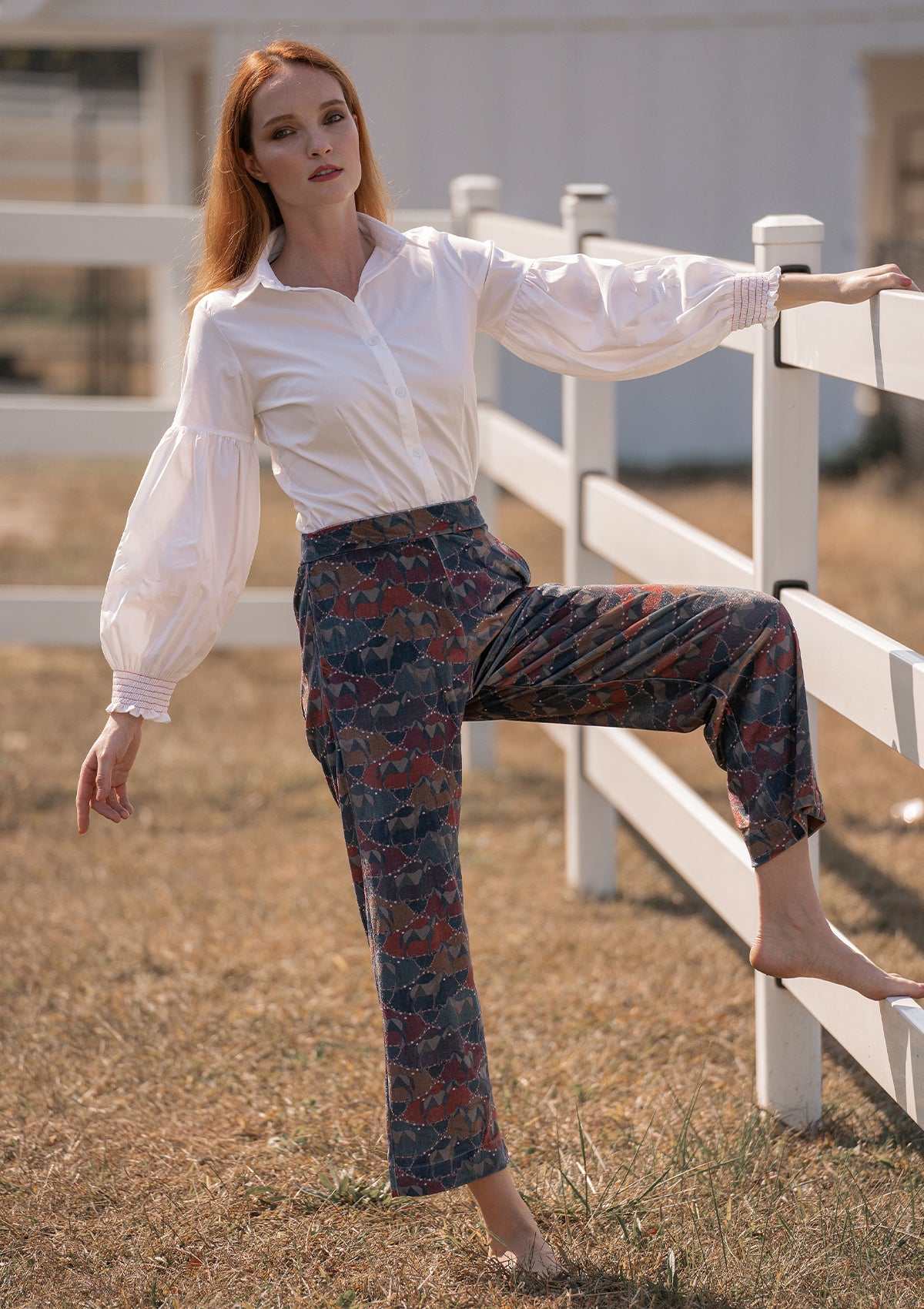 Zoe Velvet Trousers | Geo Horses Print | Deep Green